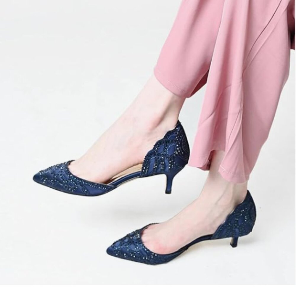 XYD Navy Pointed Toe D'Orsay Kitten Heel Rhinestone Studs Wedding Pumps